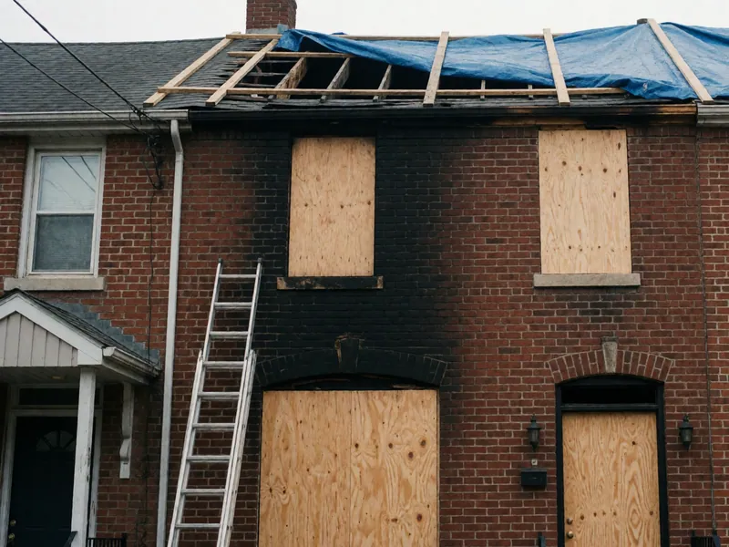 Openings secured and a roof section tarped the same night, by Woodside Water & Fire Restoration in Woodside, New York