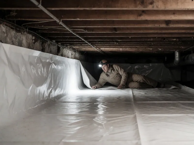 A vapour barrier going down in a crawlspace, by Woodside Water & Fire Restoration in Woodside, New York