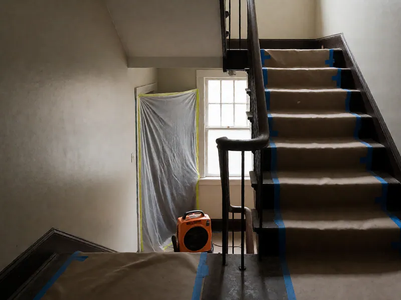A stairwell protected and sealed off mid-job, by Woodside Water & Fire Restoration in Woodside, New York