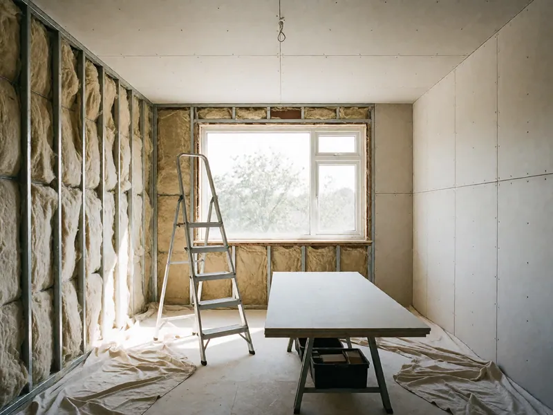 Plasterboard going back after the readings met dry standard, by Woodside Water & Fire Restoration in Woodside, New York