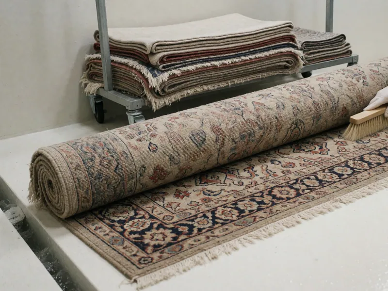 A rug half cleaned on the washing floor, by Woodside Water & Fire Restoration in Woodside, New York